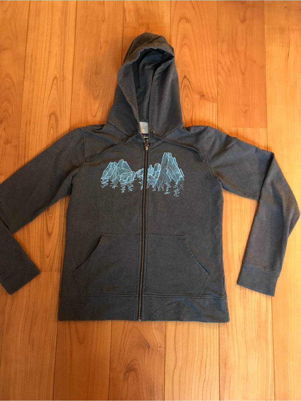 Patagonia Women’s Gray Zip Hoodie with Light Blue Mountain Graphic “ up here”